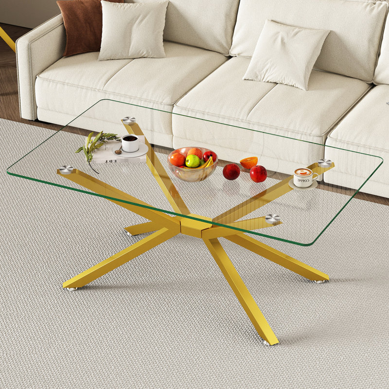Table rectangulaire en verre trempé transparent de 39,73 po avec pieds en métal doré, look moderne pour les espaces de rangement, installation simple et rapide, espaces intérieurs au design élégant, capacité de poids élevée