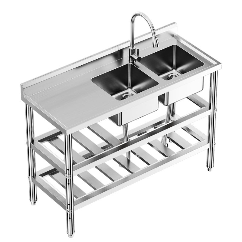 Évier utilitaire 47 po en acier inoxydable, lavabo autoportant à 2 compartiments avec établi, robinet coulissant, tablettes