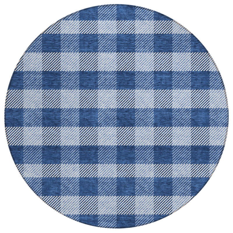Tapis rond lavable à carreaux bleu marine 8 pi