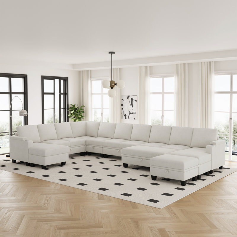 Oversized U-Shaped Couch Chenille Sectional Sofa Solid Wood Storage Modular Sofa With Cup Holder, Beige Chenille