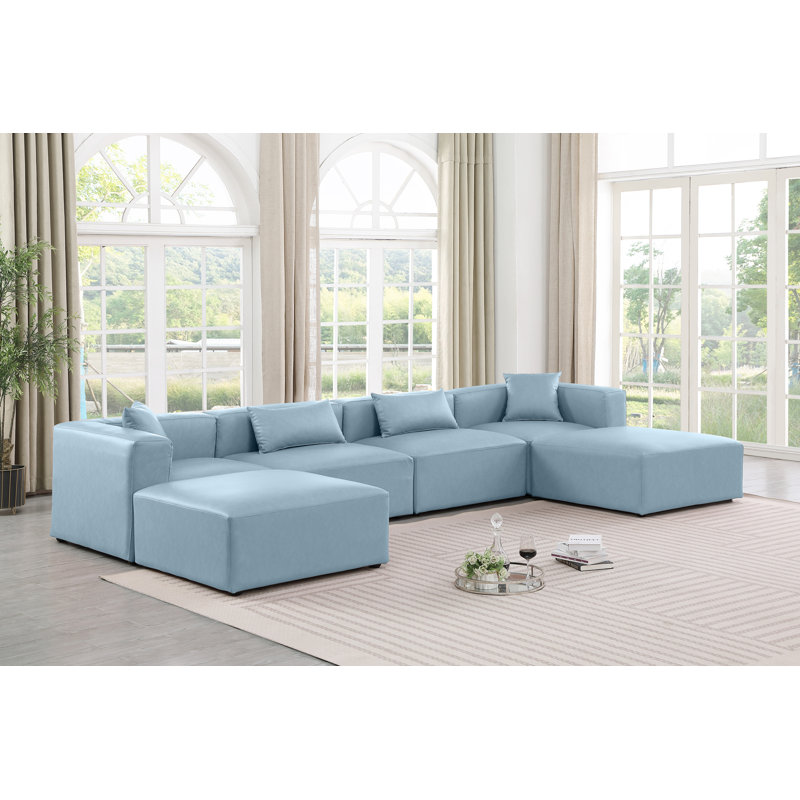 Canapé modulaire en cuir 6 pièces Vegan, Cuir végétalien bleu clair