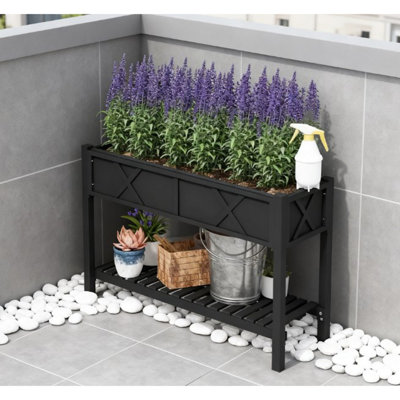 Boîte à fleurs surélevée en bois, lit de jardin surélevé, avec tablette de rangement, trous de drainage et doublure