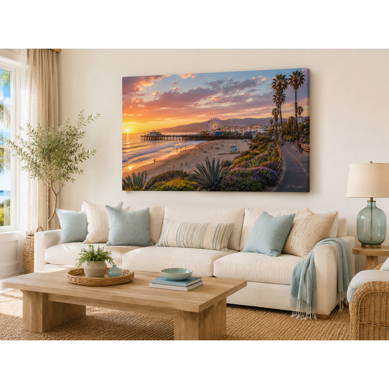 «Santa Monica Pier», reproduction d'art sur toile tendue au coucher du soleil, 48" W x 32" H x 1.5" D