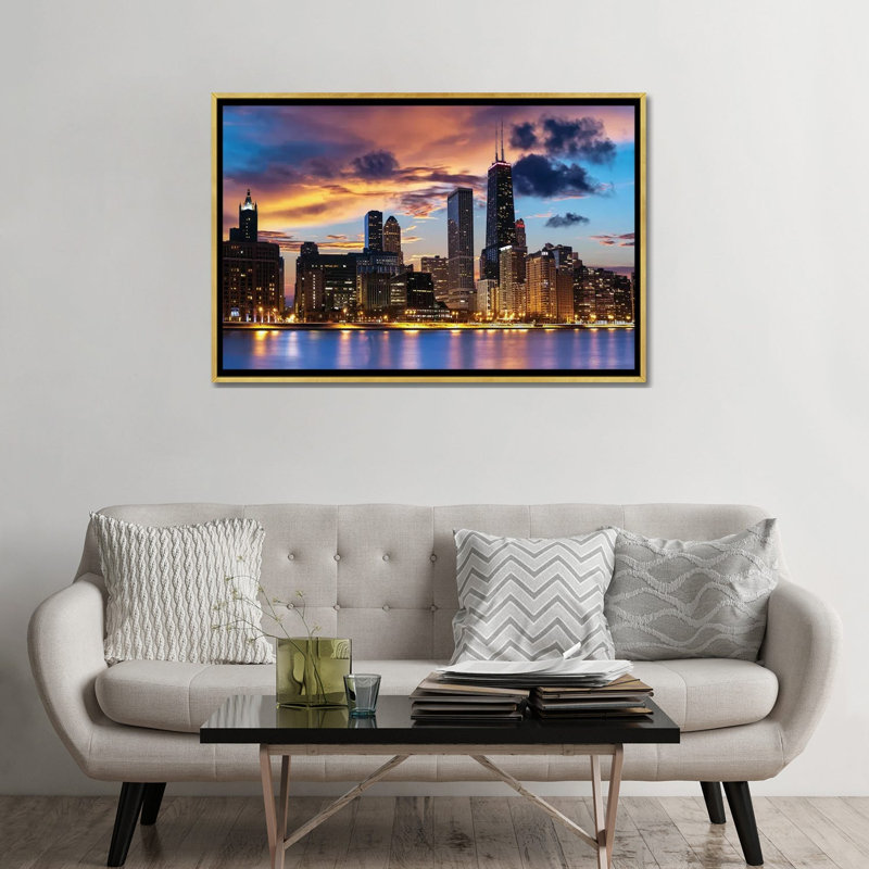 Chicago Skyline by Paul Rommer iCanvas, 32" H x 48" W x 1.5" D, Gold Floater Frame Canvas