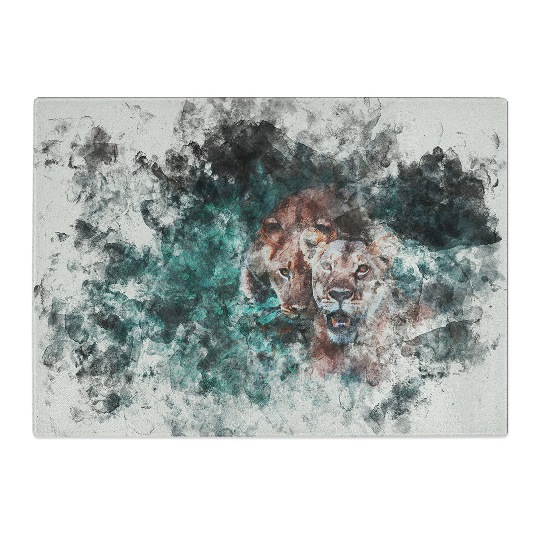 Tempered Glass Two Lions in the Shadows Watercolour Chopping Board