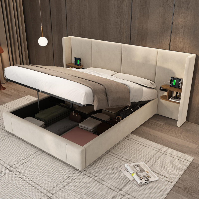 Captola Upholstered Ottoman Storage Bed, Beige, European Kingsize (160 x 200 cm)