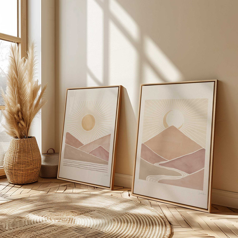 «Desert Sunrise and Sunset», ensemble de 2 impressions sur Canva, Cadre flottant en érable américain