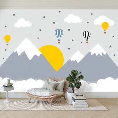 Papier peint adhésif auto-adhésif moderne pour la chambre à coucher, montgolfières colorées, paysage de montagne enneigé, soleil