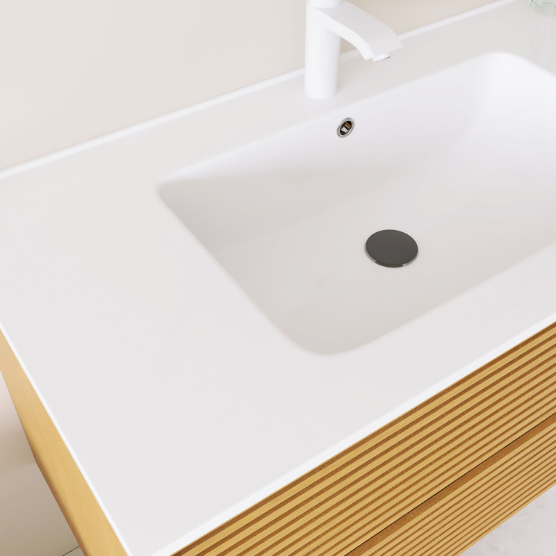 Meuble-lavabo mural simple avec plateau en céramique intégré blanc, Jaune, 36"
