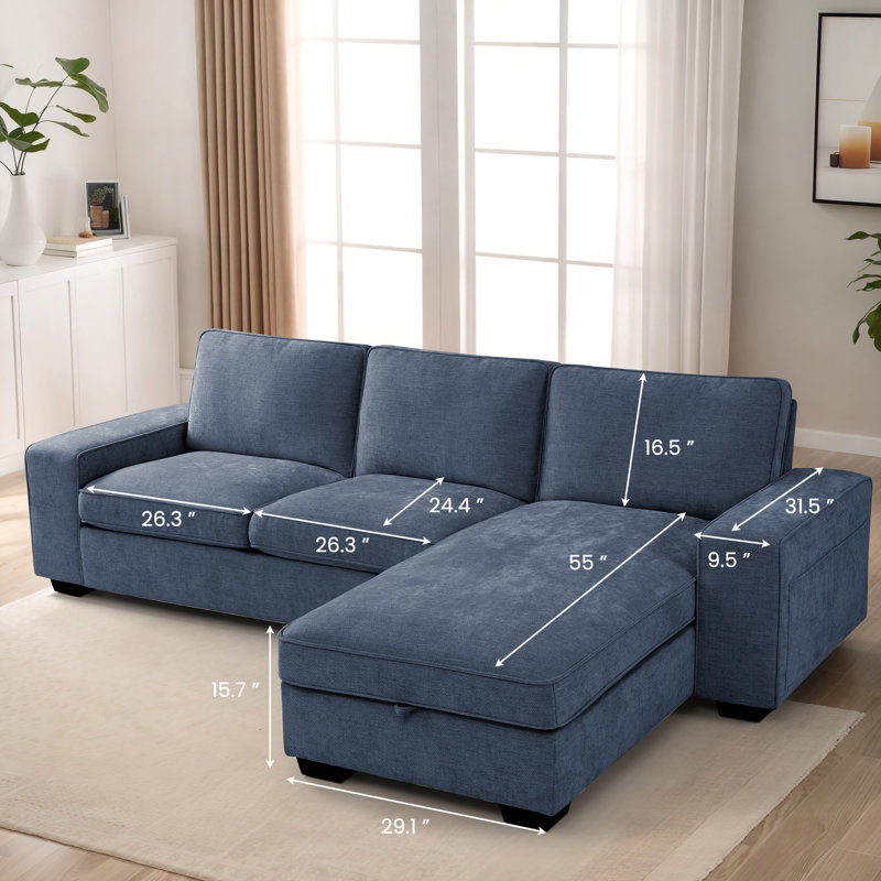 Mahwah 98'' Chenille Square Arm Sofa L-Shape Convertible Sectional Couches Sofas with Storage Chaise, Blue