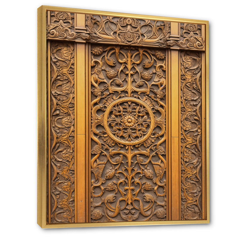 Vieille porte en bois sculpté en V - impression, H 32 po x l 24 po x P 1 po, Cadre flottant doré
