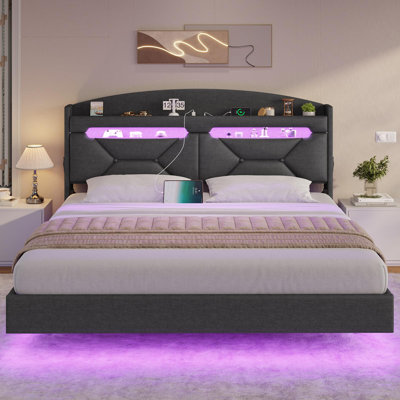 Floating Bed Frame With Power Outlet, Storage Headboard With Hidden Cubby, Rgb Floating Platform Bed With Led Lights, No Box Spring Needed, Quick Setu