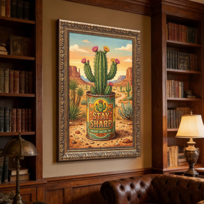 Art mural en toile noyer doré encadré pour salon, chambre à coucher, bureau ou vestibule - décoration murale décorative avec cactus du désert