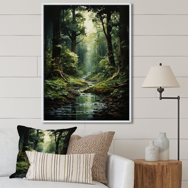 Rivière dans un bois enchanté I - forêt, art mural, H 32 po x l 24 po x P 1 po, Cadre flottant blanc