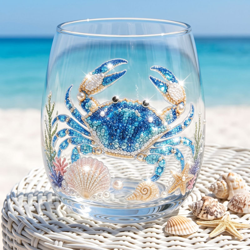 Verre à vin sans pied en ruban de fibre de polyester avec autocollants 2D, style tropical sous-marin, transparent, idéal pour les cocktails et la décoration estivale. Cadeau idéal à offrir.