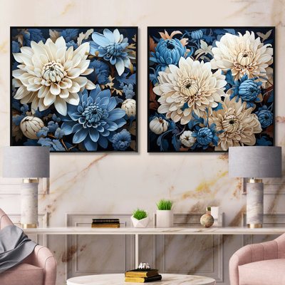 Ensemble de 2 mosaïques de chrysanthèmes blancs et bleus