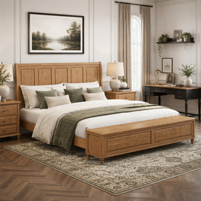 King Bed Frame with Tall Headboard and Storage Bench, Solid Wood Sleigh Bed, No Box Spring Needed