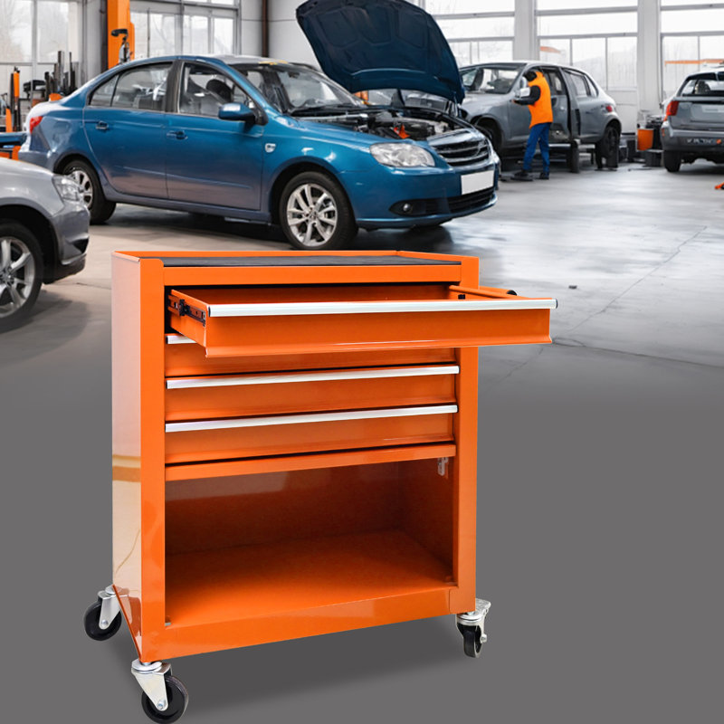 Chariot orange à 4 outils avec roulettes - construction stable en acier et utilisation sans effort - tiroir à roulement pour la gestion des outils de garage