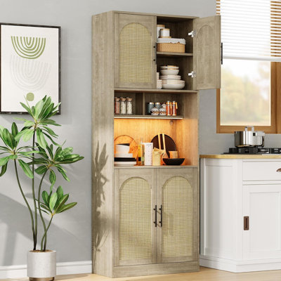 Pantry Cabinet with Countertop, Oak, 71" Tall, Adjustable Shelves, LED Light Strip, Microwave Shelf, Kitchen Hutch for Dining Room