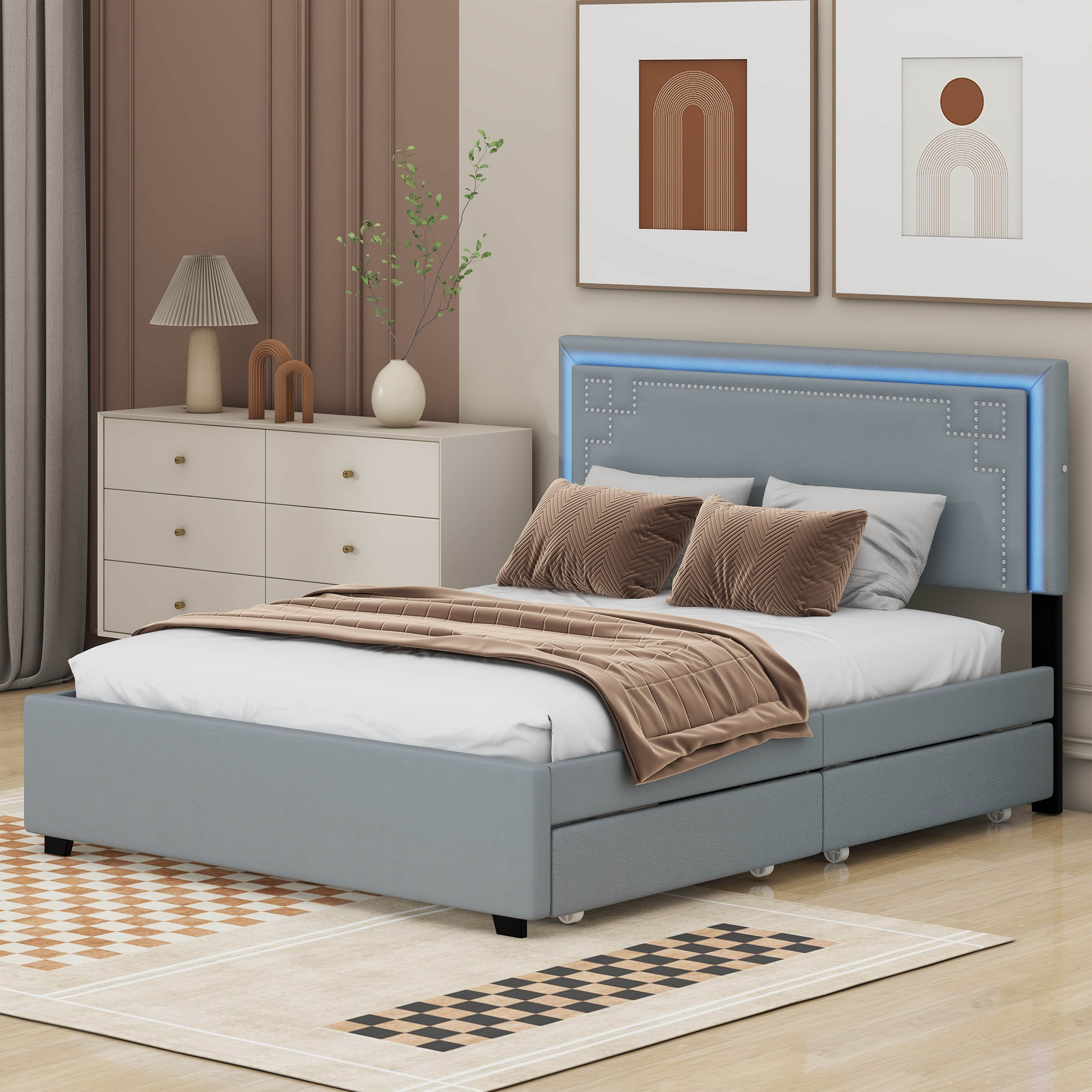 Ebern Designs Queen Size Upholstered Platform Bed With Rivet-Decorated ...