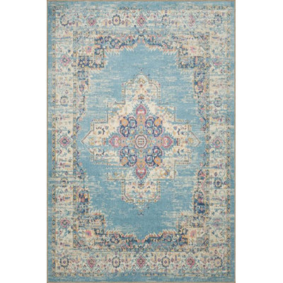 Tapis décoratif tissé à motif géométrique bleu lavable