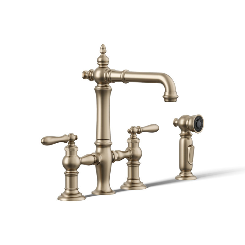 Robinet pont Artifacts avec douchette latérale, Bronze brossé éclatant, Poignée à levier