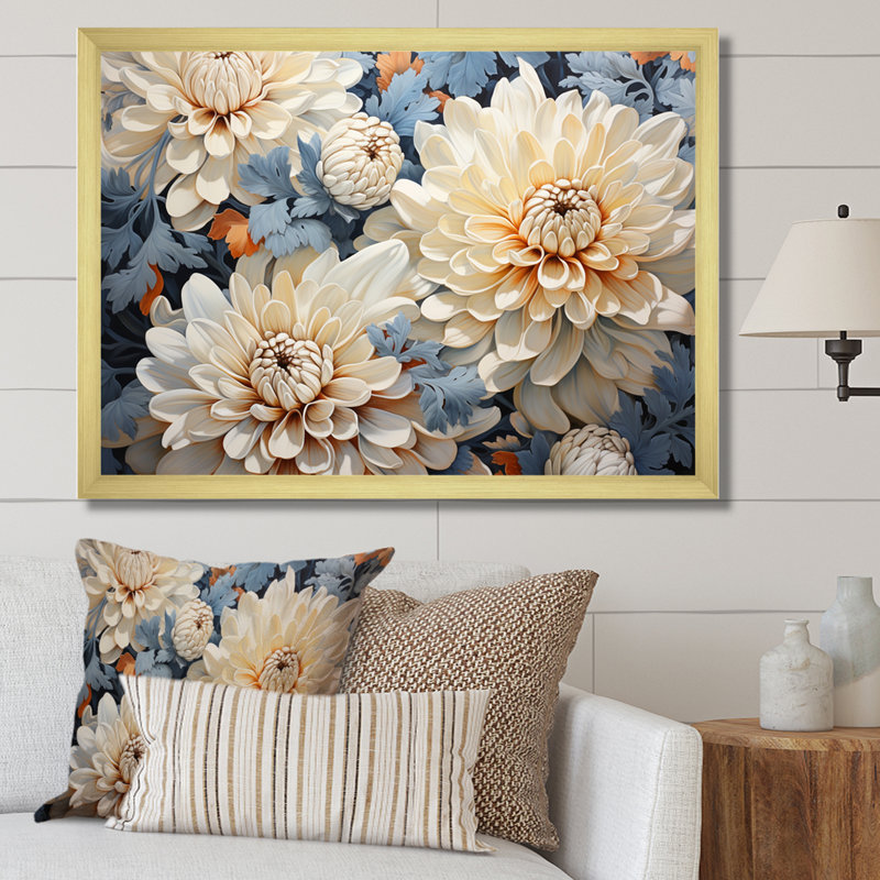 «White and Blue Chrysanthemums», mosaïque sur toile, Cadre doré simple, H 12 po x l 20 po x P 1 po