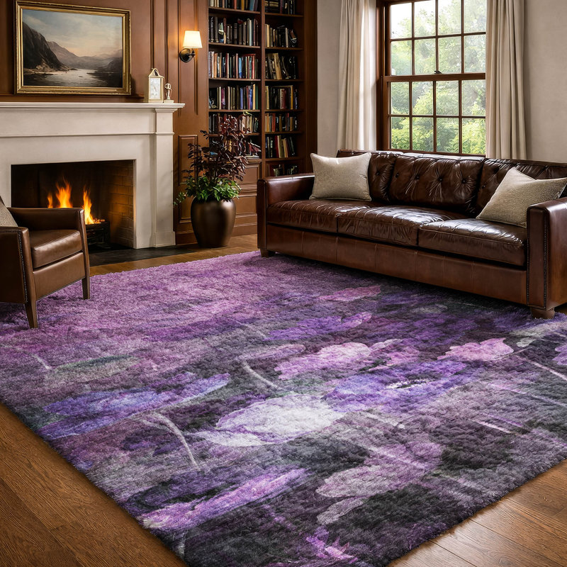 Tapis floral à poil long de qualité supérieure lavable à la machine ADS613, Purple, 8' x 10'
