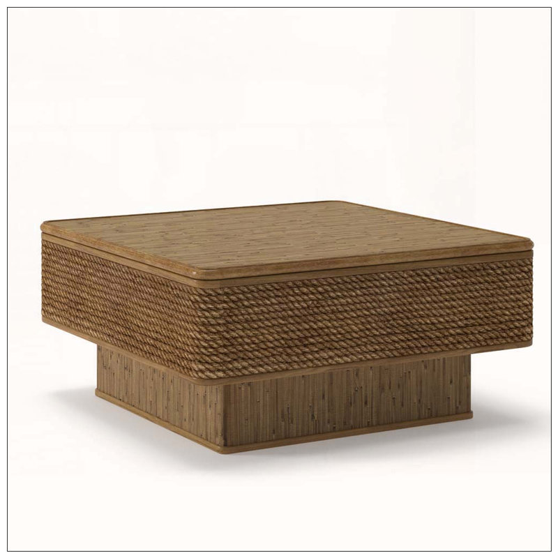 Square Rattan + Hemp Rope Coffee Table with Adjustable Storage Function