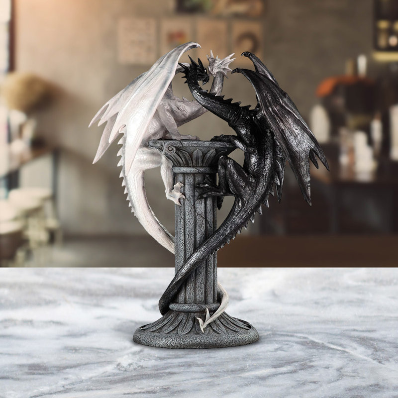 Grande sculpture 19,5 "H médiévale en forme de dragon noir et blanc