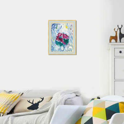 Art mural encadré, "Bouquet de fleurs avec ange" par Marc Chagall, impression giclée onirique surréalisme romantique, peinture moderne, décoration intérieure (chêne blanc et gris minéral, 16 po x 20 po)
