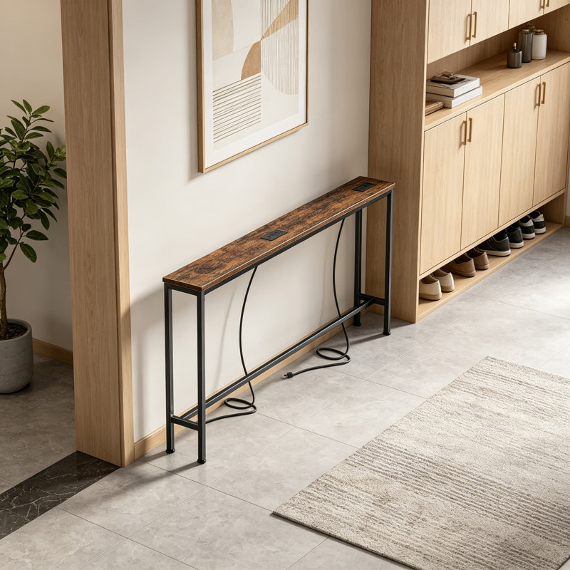 Sofa Table With Built-In Power Outlets And USB-C Ports, Narrow Console Table For Behind Couch, Long Entryway Hallway Table For Small Spaces, Rustic Brown Finish