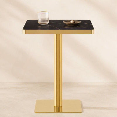 24" Faux Marble Bistro Dining Table, Modern Square Small Space Table with Stainless Steel Edge & Pedestal Base, UV Coated Tabletop for Kitchen, Cafe, Restaurant, Bar, Easy Clean