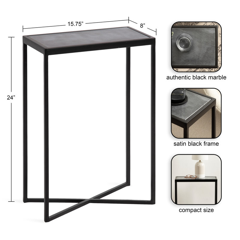 Everly Quinn Jaspur Narrow and Metal Rectangle Side Table, Marble BlacK/Black