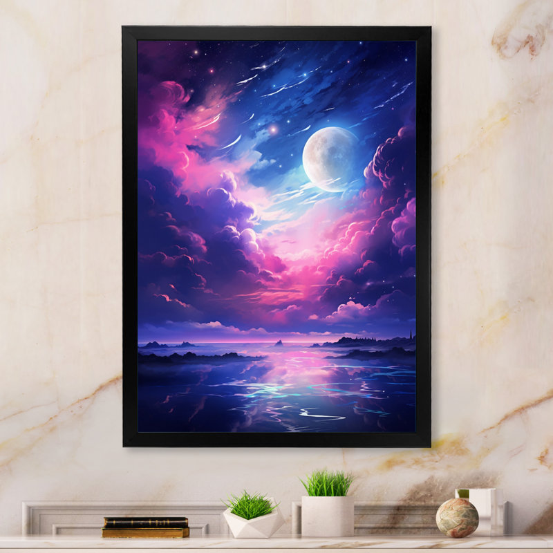 Lune en nuages mauves bleus, Cadre simple noir, H 32 po x l 16 po x P 1 po