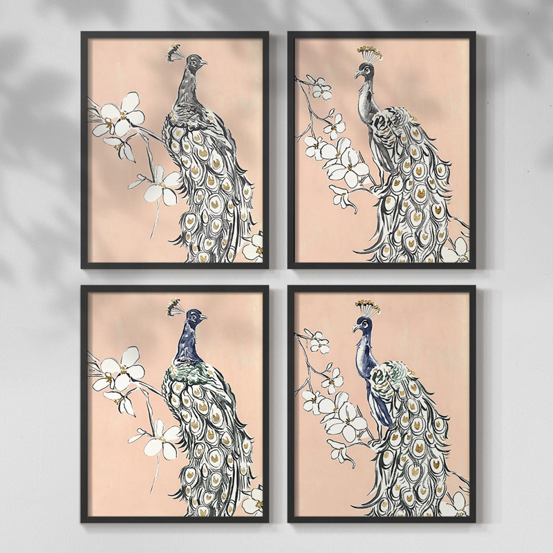 «Peacock in Gold I», reproduction encadrée - ensemble de 4