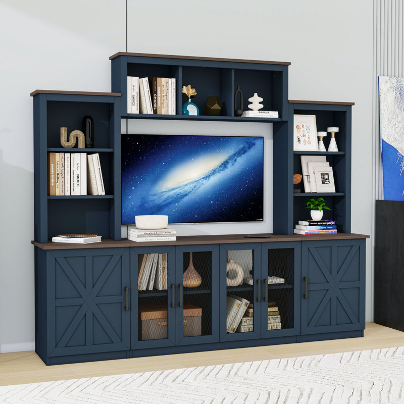 Wall Unit Entertainment Center with Charging Station & USB Ports, Open Shelves, Cabinets and Adjustable Shelves, Blue