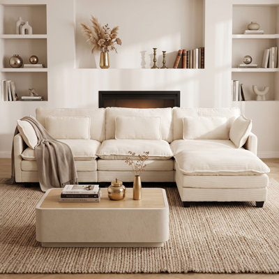 Canapé modulaire en L 111 po en velours côtelé de 111 po, canapé Cloud avec siège profond, repose-pieds mobile, port de charge intégré et poches latérales, canapé rembourré confortable avec coussins pour le salon