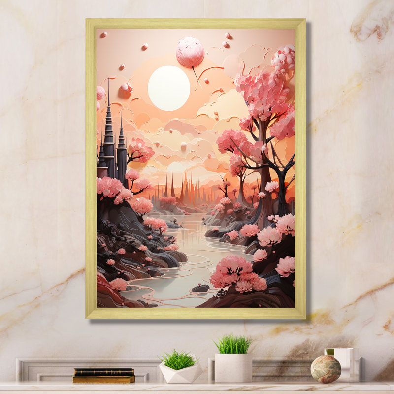 «Skyline Puffy Peach Castle» sur toile, H 32 po x l 16 po x P 1 po, Cadre doré simple