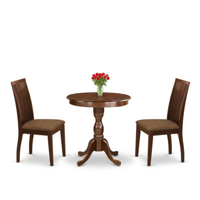 Mahogany Wood and Linen Fabric Round 3 Piece Dining Table Set with Pedestal and Slatted Back Chairs