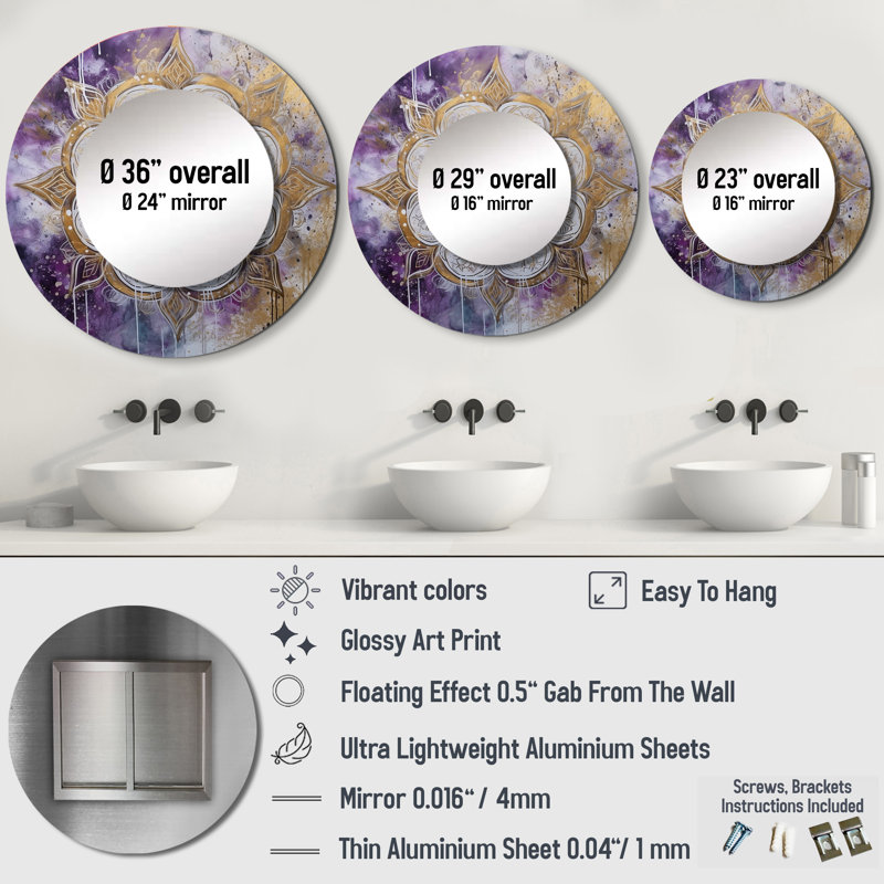 Haliegh mauve et doré Mandala I - miroir boho mandala, miroir mural rond unique mauve, impression sur métal, 23 po x 23 po