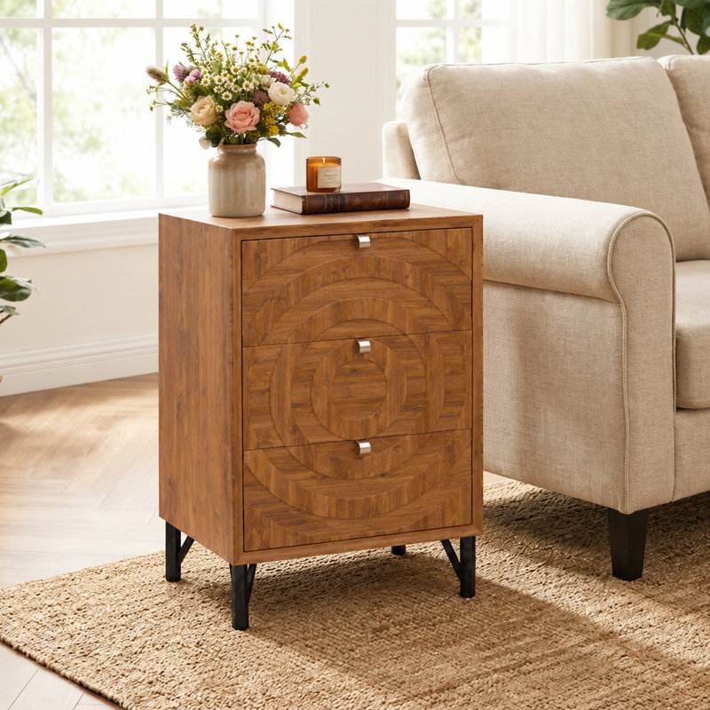 19"W Walnut Concentric Circle Geometric 3-Drawer Nightstand