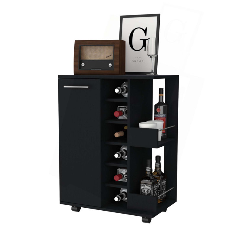 Tennessee Bar Cart,One Cabinet With Division,Six Cubbies For Liquor,Two Shelves, Black