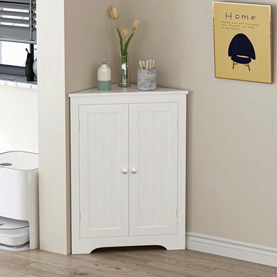Floor Corner Cabinet with 2 Doors and Adjustable Shelves, Freestanding Narrow Cabinet Organizer, Corner Storage Cabinets for Bathroom, Kitchen, Living Room, or Bedroom