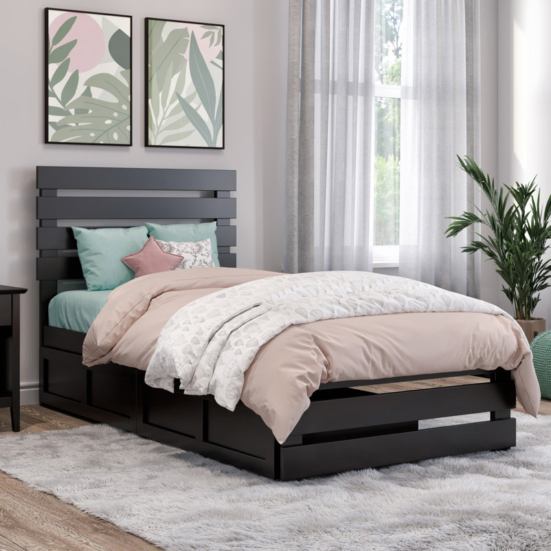 Lit plateforme avec rangement en bois massif Aaliyah-Skye, Simple