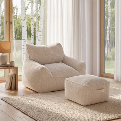 Large 320gsm Corduroy Bean Bag Lounger - Ergonomic 22kg Foam Support Floor Sofa - OEKO-TEX - Grey