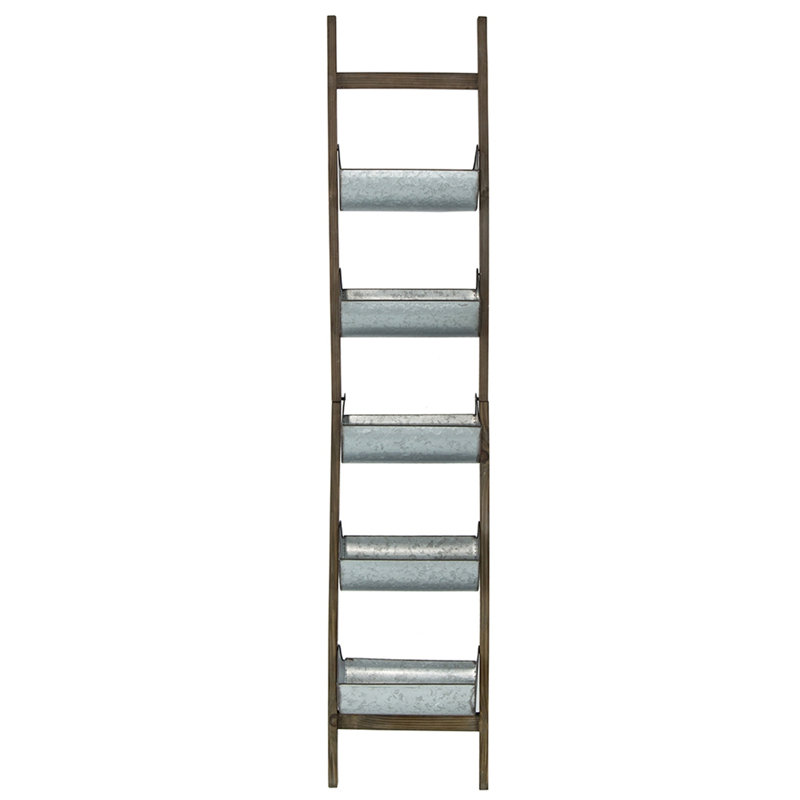 Farmhouse Foldable Reed Galvanized And Wood Ladder Planter 14.2" X 7.5" X 70.9"