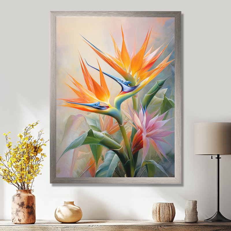 Oiseaux du paradis romantique, reproduction d'art botanique, 20" H x 12" W, Gold Picture Framed