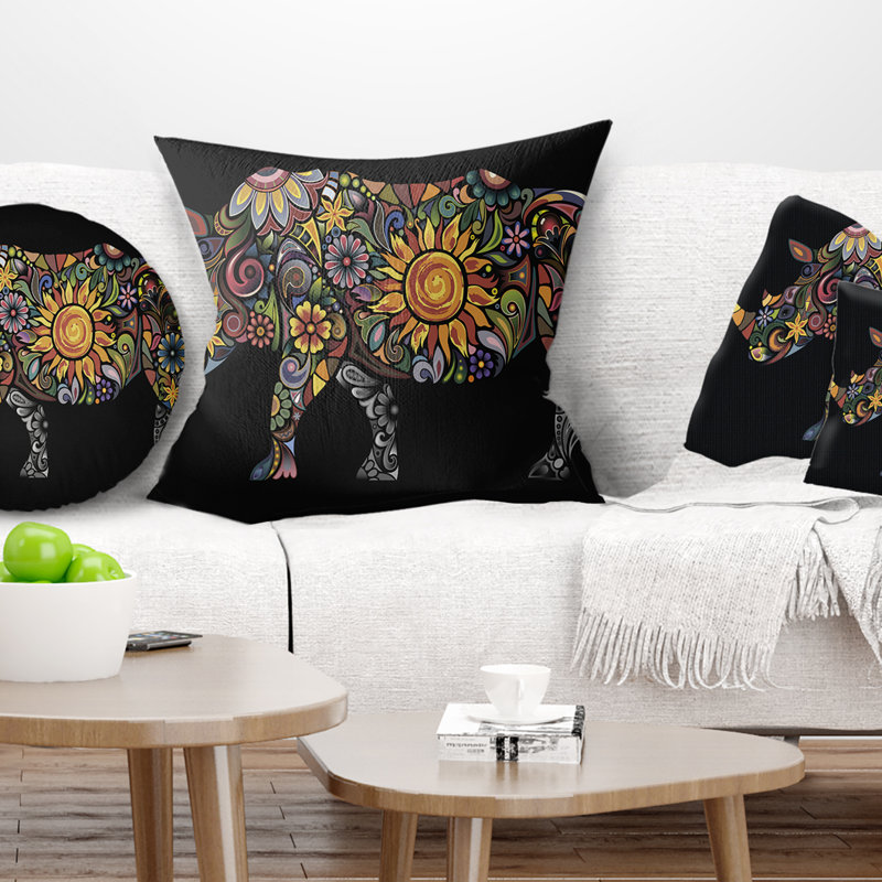 Joyeux Rhinocéros - oreiller imprimé animal, 18 po x 18 po, Coussin décoratif