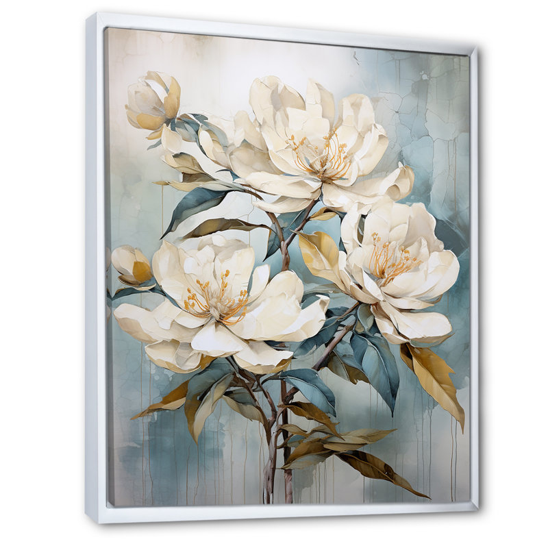 Minimalisme discret rhododendron sur toile, Cadre flottant blanc, H 32 po x l 16 po x P 1 po